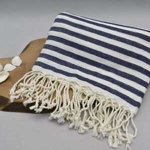Gold Case Blue and White Stripe Turkish fringe Cotton Peshtamel Towel Wrap